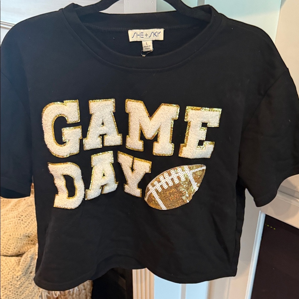 She + Sky Black Tee with Gold & White Sequin 'Game Day'